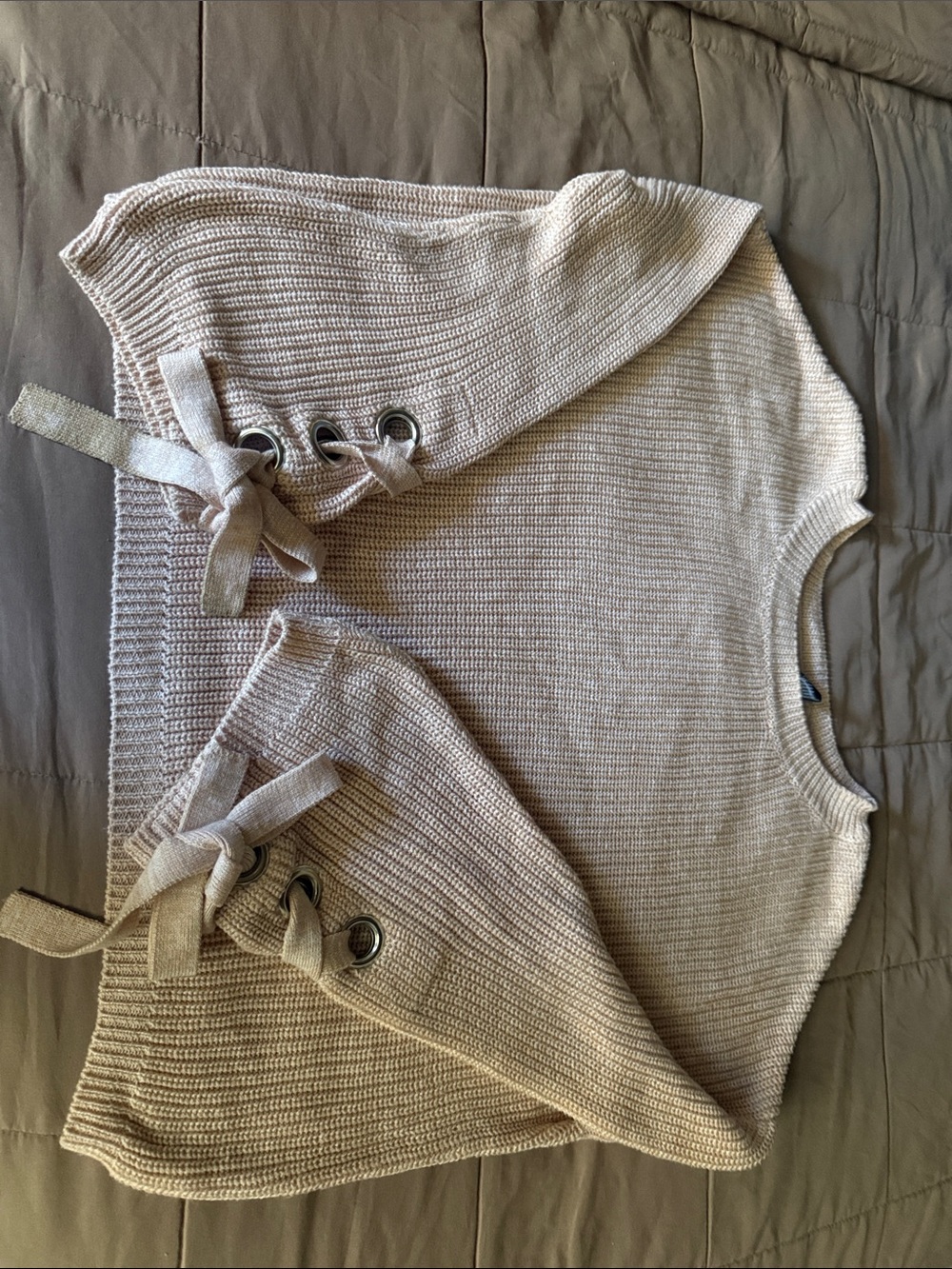 Love By Design Cream Knit Cowl Sweater with Lace-Up Sleeve Detail